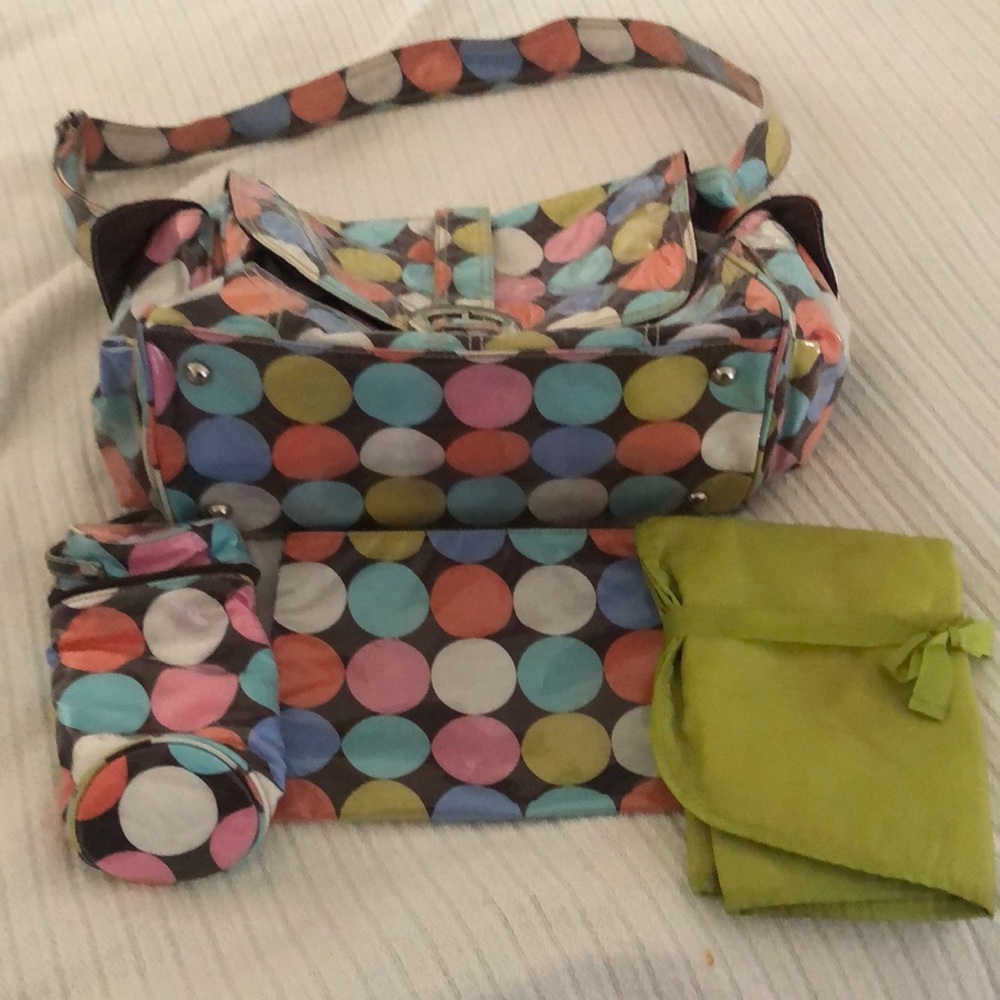 Multi colored easy wipe pokadot kalencom diaper bag